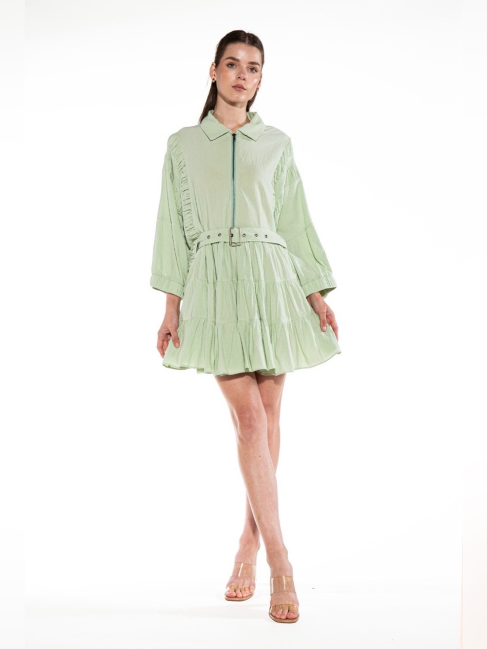 Sage Luxe Belted Tiered Mini Dress